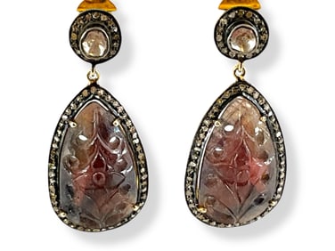 Impressive Mughal-Style Large Rough Ruby Earrings with Polki Diamonds