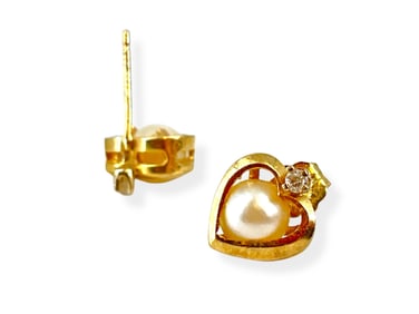 14kt Yellow Gold and Pearl Heart Earrings with Diamonds