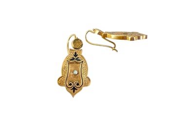 Gold Victorian Earrings w/Black Enamel and Tiny Opals