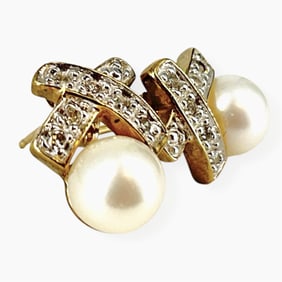 10kt Gold and Pearl Earrings with Diamonds