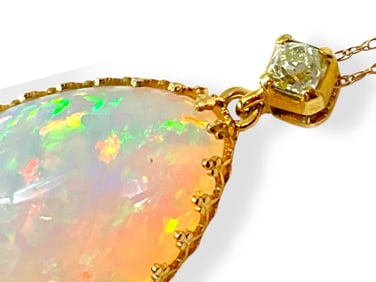 Large Custom Opal Pendant w/Diamond in Yellow Gold
