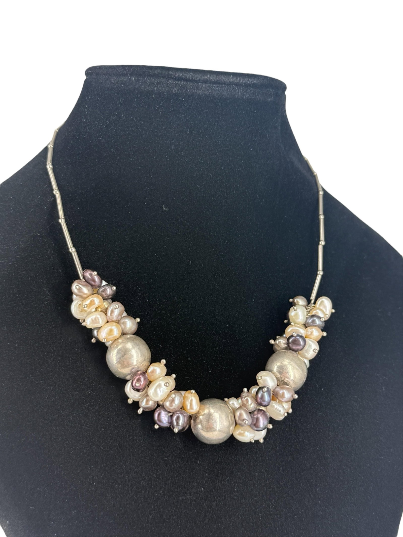 Sterling Silver and Pearls Necklace: Sterling Silver and Pearls Necklace 15" choker length, lobster claw clasp, stamped and tested sterling silver/925, with pearls and sterling silver beads measuring up to 14.0mm in size, cultured p