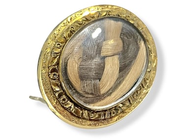 Lovely Engraved Mourning Brooch w/Dark & Light Brown Hair
