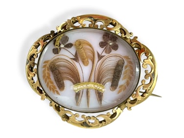 Large Victorian ìPrince of Walesî Designed Intricate Hair-Work Mourning Brooch