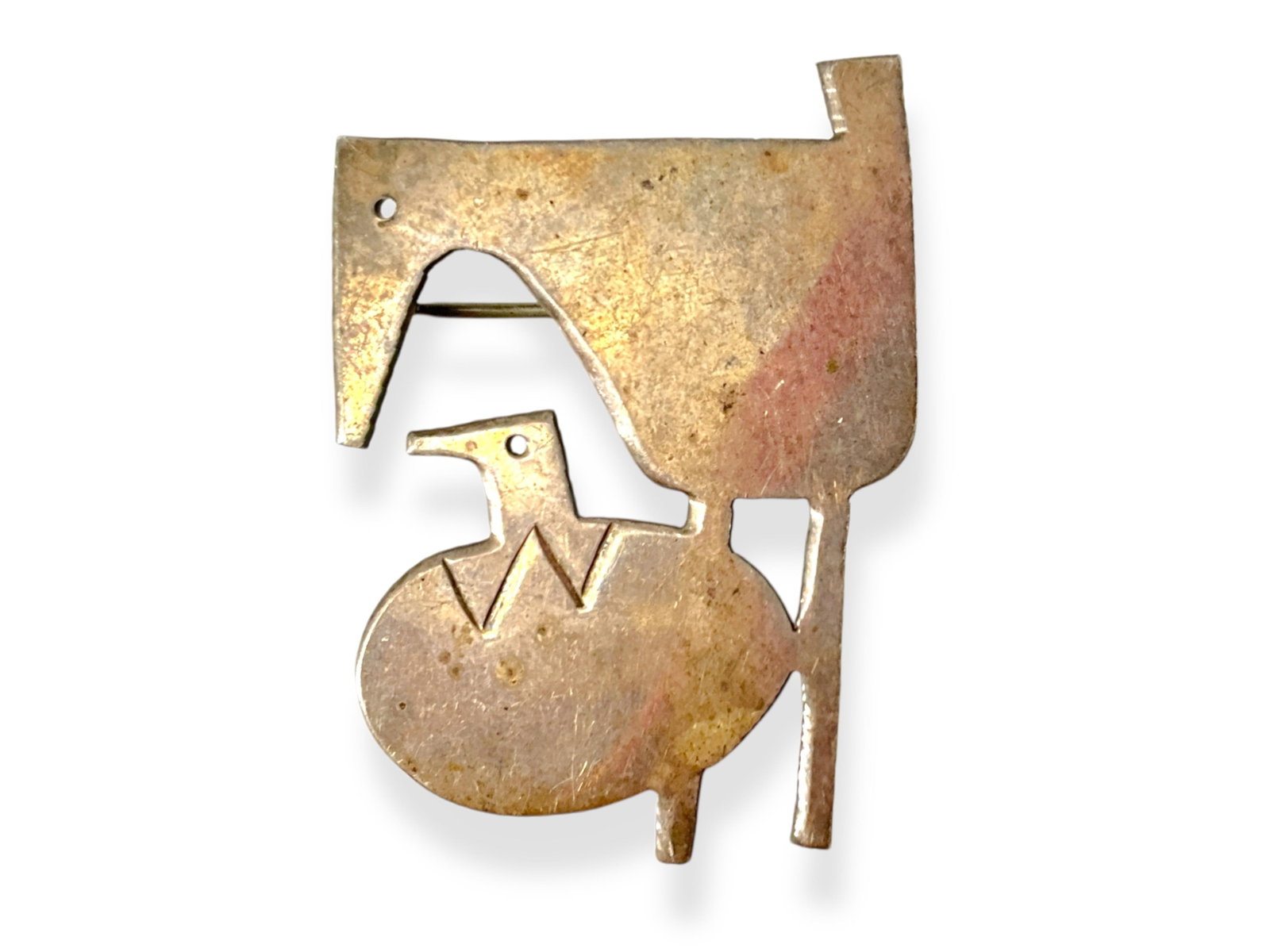 Sterling Silver Brooch: Sterling Silver Brooch Southwestern design, stamped and tested, 0.28 troy ounces total weight, semi-polished metal finish, animals design, 42.0mm in size, retro age.
