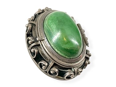 Sterling Silver Brooch with Green Stone Cabochon