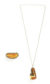 Attractive Amber Brooch & Necklace w/ Interesting Pendant