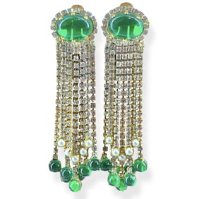 Fabulous Kenneth Jay Lane Tasseled Earrings in Vibrant Green Fashion Stones, Faux Pearls and