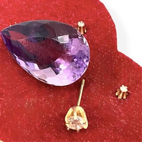 Gold and Diamond Earrings + Unmatched Gold and Diamond Earring and Loose Amethyst Semi-Precious