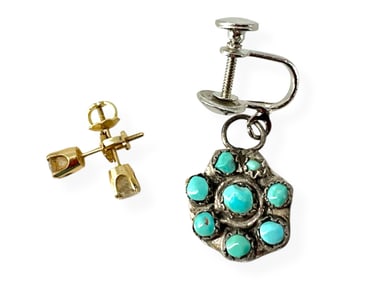 Small 14k Diamond Stud Earrings and One Silver Drop Earring w/Turquoise