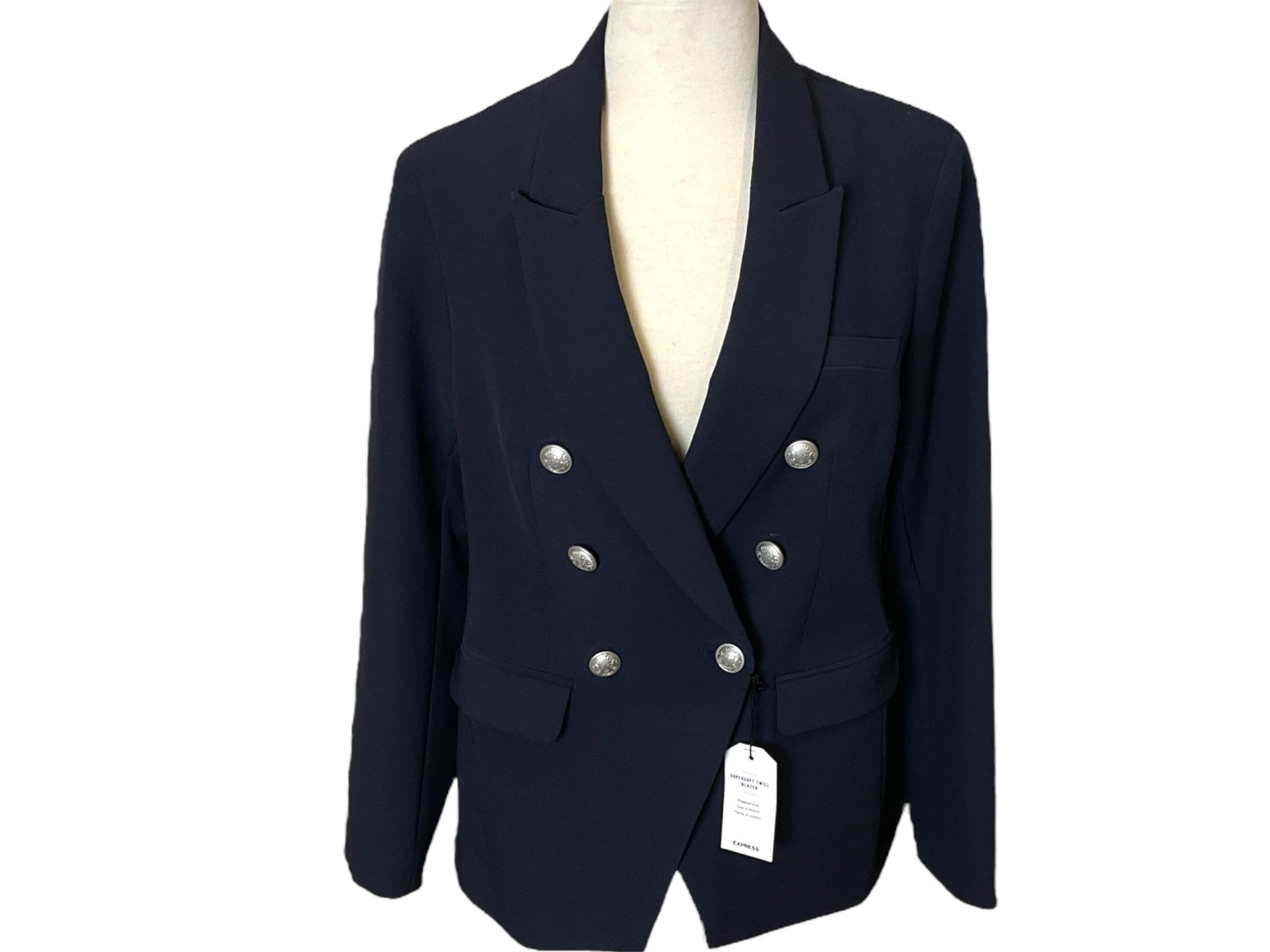 New Express Ladies Blazer: New Express Ladies Blazer Size (M) deep navy/ grey blue color with silver tone buttons, extra buttons included, with original tags.