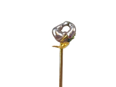 Charming Little Antique Duck Stickpin in 18k y/g Housed in Shreve, Crump & Low Box