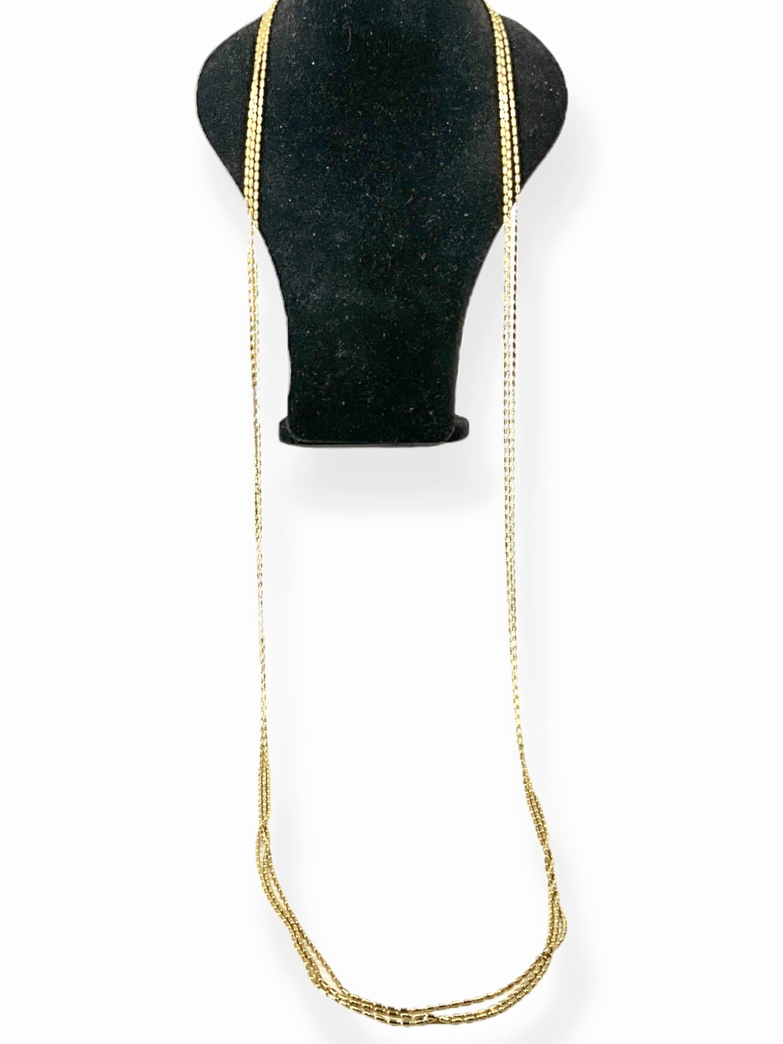 Hallmarked ìJoan Riversî Long, Gold-Tone Necklace with Branded Black Velvet Pouch: Hallmarked ìJoan Riversî Long, Gold-Tone Necklace with Branded Black Velvet Pouch Fashion necklace features three long gold-tone chains in an opera length (approx 60î), the necklace has a tiny char