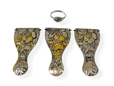 Three Antique Silver Clips Likely for Gloves and Baby Ring in Sterling Silver