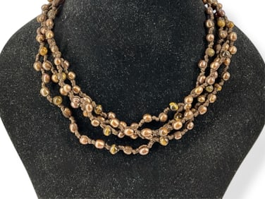 Knotted Chocolate Pearls and Tiger's Eye Stones Necklace