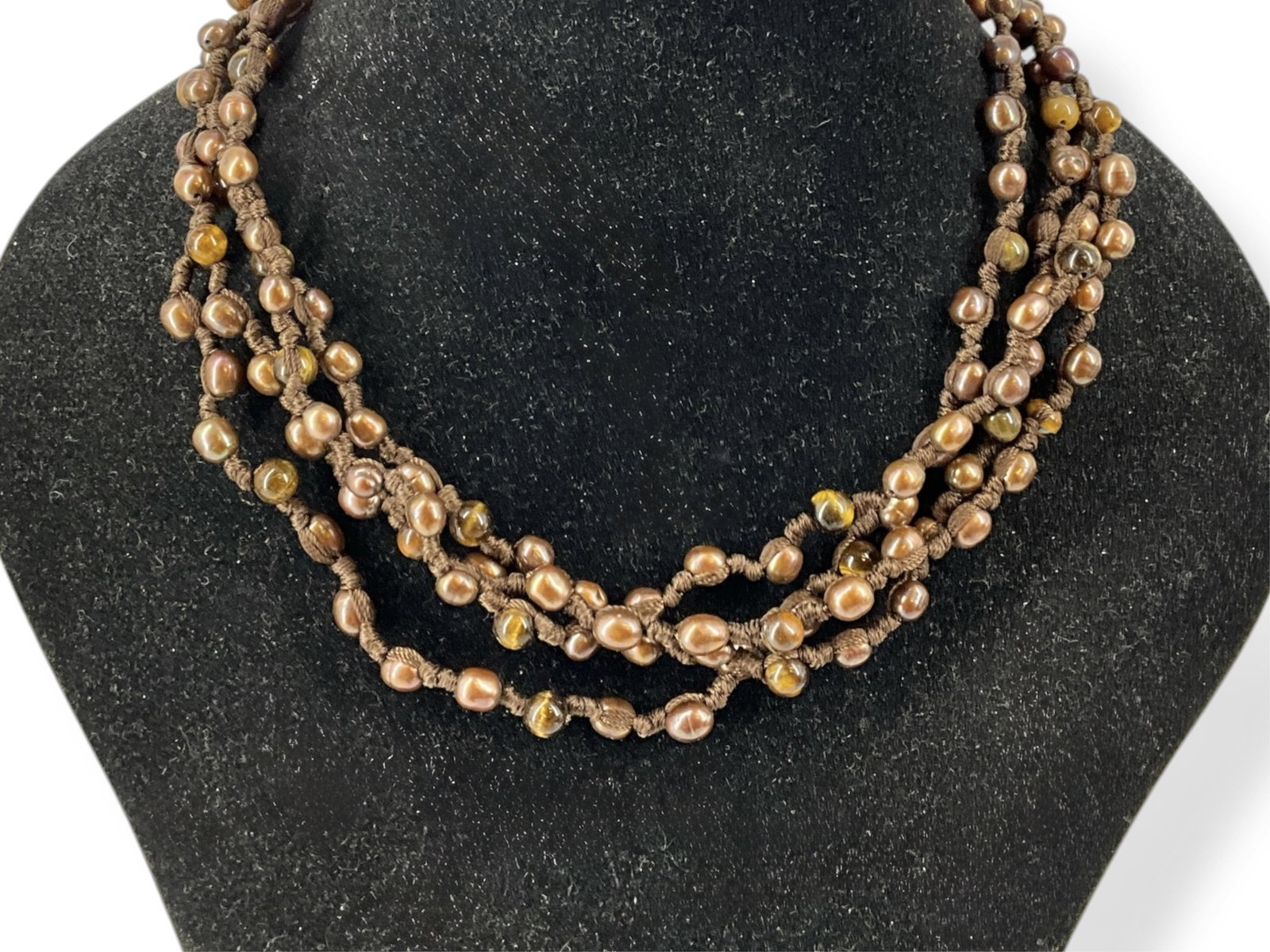 Knotted Chocolate Pearls and Tiger's Eye Stones Necklace: Knotted Chocolate Pearls and Tiger's Eye Stones Necklace Perfect for the beach! Double+ knotted strand choker length necklace (15"), toggle clasp with larger polished tiger's eye stone bead, four