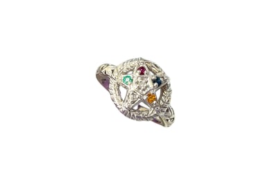 10kt White Gold Order Of The Eastern Star Ring With Gemstones