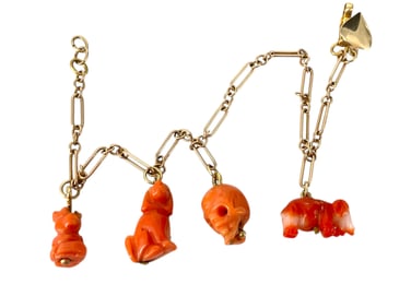 Darling Vintage 10k Charm Bracelet with Little Carved Coral Animal & Other Charms