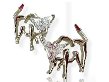 Amazing Earrings in a Bull Design w/Lab-Grown Diamonds and Pretty Rubies - Appear as New