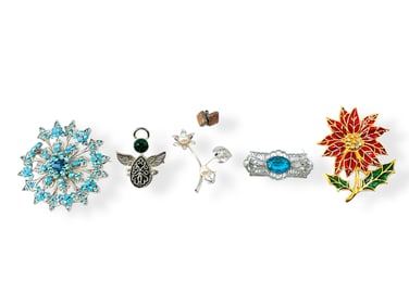 Various Vintage Pins Including a Poinsettia and Opal Matrix Earrings in Silver