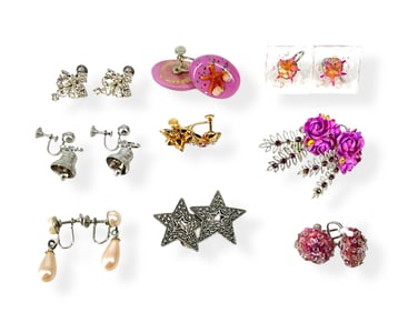 Nine Pair of Vintage Fashion Earrings in Shades of Pink Including a Pair of Marcasite Star Earrings