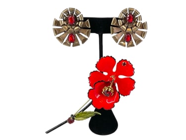 Hallmarked ìFrancoisî Red Flower Brooch and Silver Retro Earrings