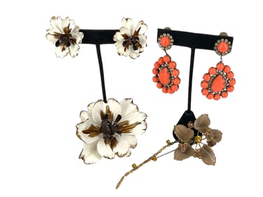 Kenneth Jay Lane Fancy Drop Earrings, Vintage Floral Brooch and Earrings, Vintage Austrian Made