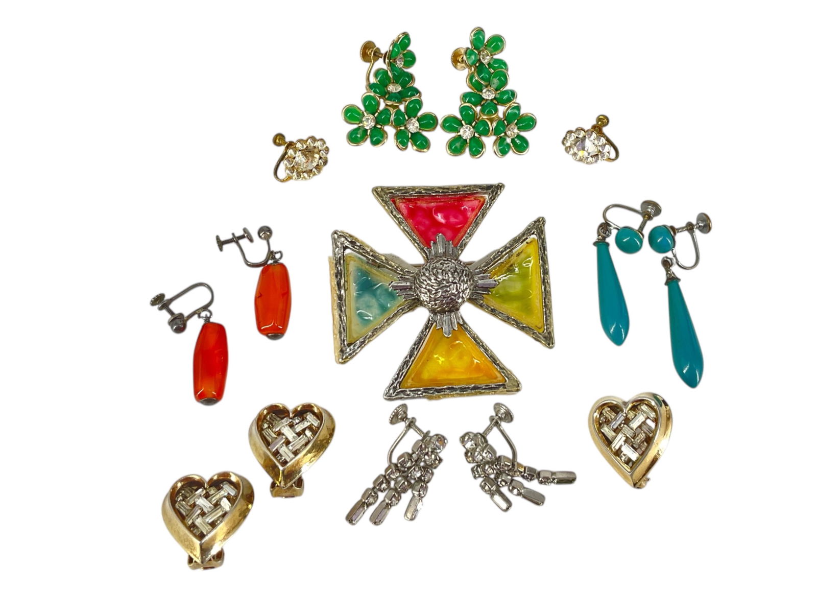 ìCoroî Signed Vintage Earrings, Signed ìTrifariî w/Crown Heart Pin and Earrings, Four Pair of: ìCoroî Signed Vintage Earrings, Signed ìTrifariî w/Crown Heart Pin and Earrings, Four Pair of Vintage Fashion Earrings & MoreSigned ìCoroî earrings w/green stone flower decoration and diamantÈ