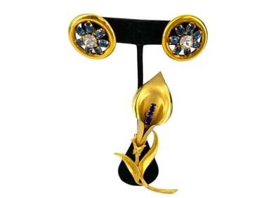 Beautiful Vintage Calla Lily Pin & Sparkly Vintage Genuine Silver Earrings w/Blue and DiamantÈ