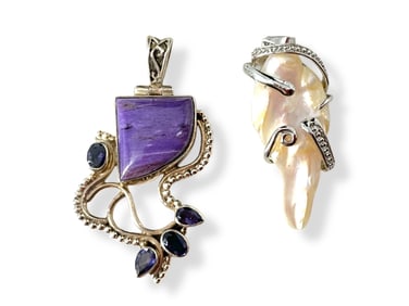 Artsy Silver Pendant and Freshwater Pearl/Shell Pendant