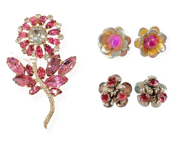 Pretty in Pink Flower Brooch Signed ìJoseph Wiesner N.Y.î & Two Pair of Stamped ìSterlingî