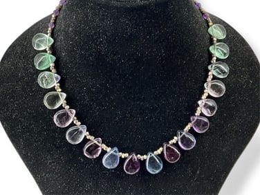 Fluorite Stone Beads Choker Necklace with Sterling Silver Clasp