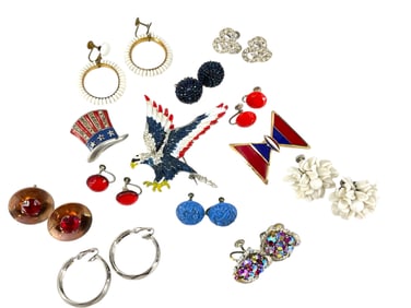 Large Patriotic Eagle Brooch, Vintage USA Hat Pin and Ten Pair of Vintage Earrings Including Signed