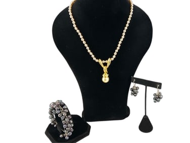 Freshwater Dark Abalone Beaded Bracelet & Matching Earrings and a Signed ìNolan Millerî Faux Pearl