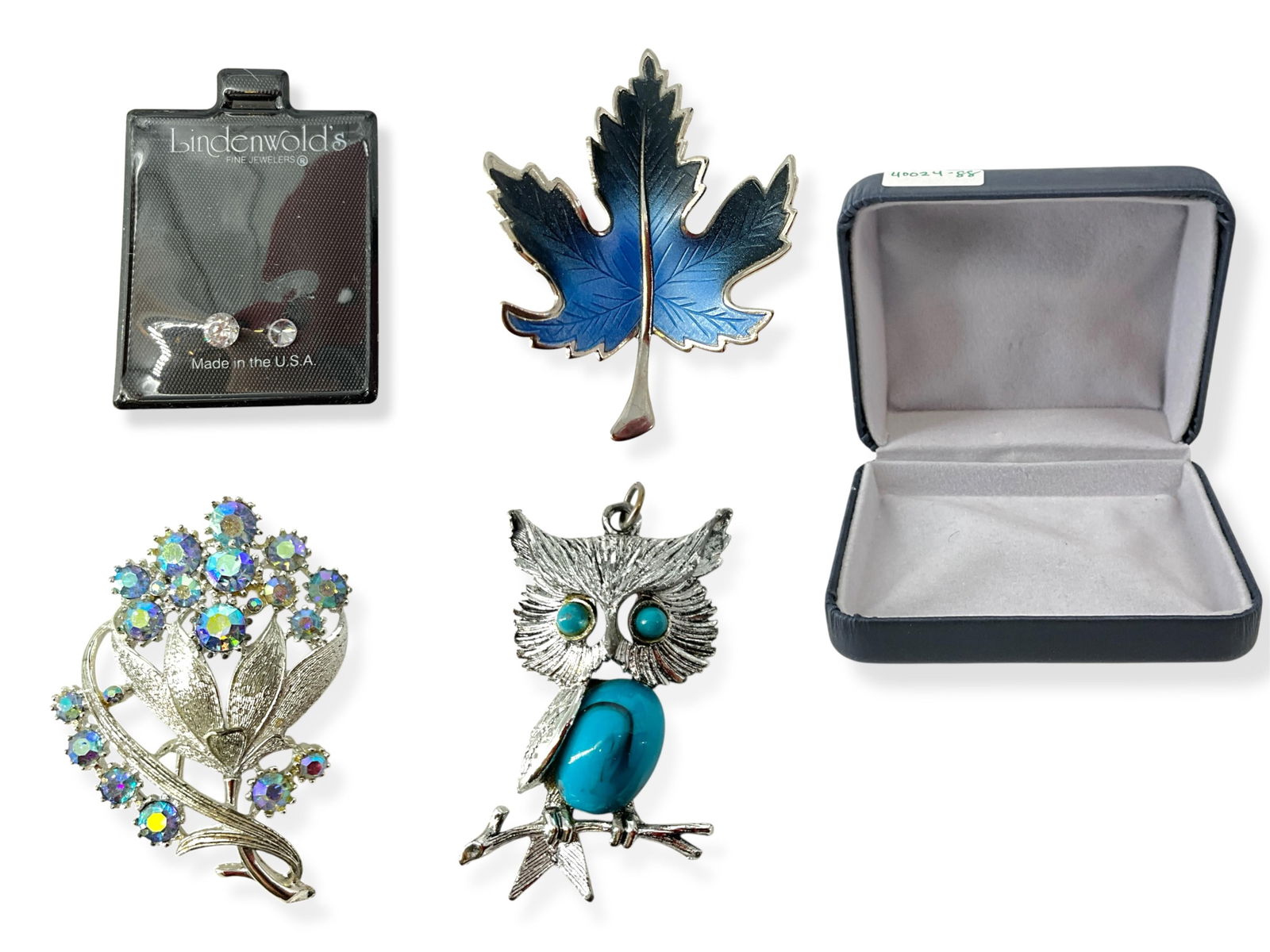 ìWhooo Likes Owls?î Fanciful Owl Pendant, Pretty Hallmarked ìCoroî Vintage Flower Brooch, Two: ìWhooo Likes Owls?î Fanciful Owl Pendant, Pretty Hallmarked ìCoroî Vintage Flower Brooch, Two Lindenwoldís CZ Stones and a Blue Enamel Leaf BroochLot has a darling silver-tone owl fashion pendant