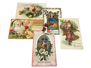 Five Antique Christmas Postcards (One From 1911) and a Vintage Pair of Hallmarked Earrings with