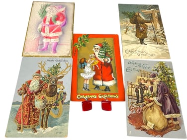 Five Antique Christmas Postcards (One From 1911) and a Vintage Pair of Hallmarked Earrings with Red
