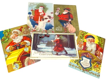 Five Antique Christmas Postcards (One From 1920) and a Vintage Pair of Hallmarked Earrings with