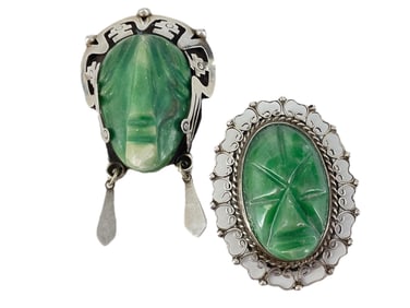 Sterling Silver and Carved Green Stone Pins/Pendants