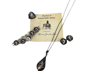 Niello Silver Parure: Vintage Pendant, Bracelet, Earrings and Ring