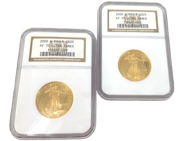 Two 2000-W U.S. $25.00 Gold Half Eagle Bullion Coins - 1/2 oz. Fine Gold Each - in Slabs