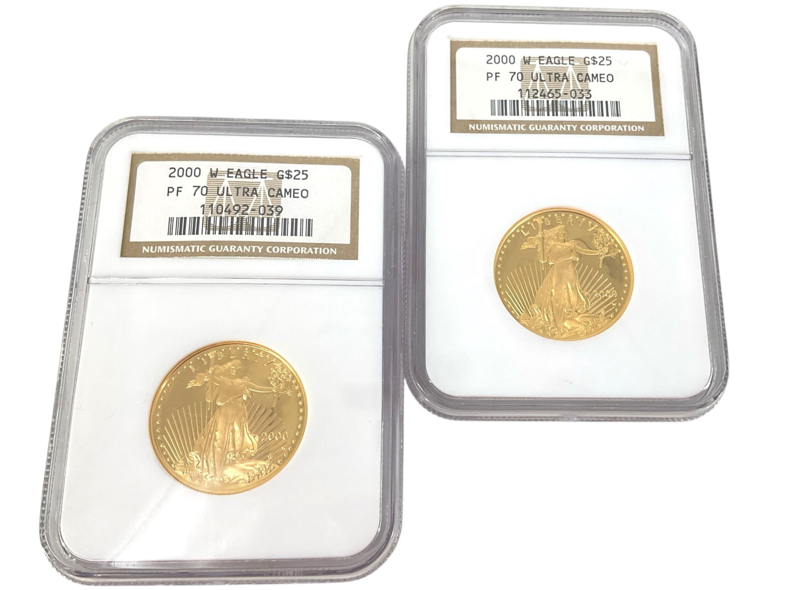 Two 2000-W U.S. $25.00 Gold Half Eagle Bullion Coins - 1/2 oz. Fine Gold Each - in Slabs