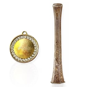 Vintage Sterling Silver Cigarette Holder w/Etched Design and Engraved Gold Charm w/Filigree Design