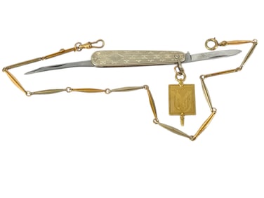14k White Gold Pocketknife with Gold Pocket Watch Chain and 14k Key/Watch Fob from 1934