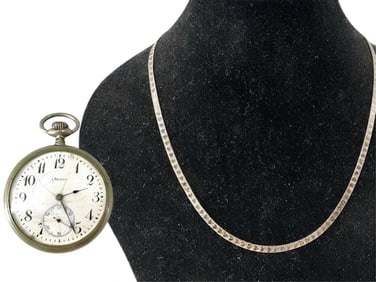DOXA Brand Large Silver-Tone Antique Pocket Watch for Repair or Parts and Sterling Silver Necklace