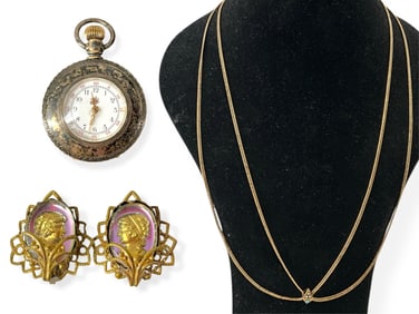 Antique Gold-Filled Ladies' Watch Slide Chain Necklace, Vintage Earrings Marked "Germany," Waltham