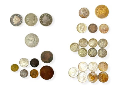 Seven Foreign Coins/Tokens - One US Quarter - One Old Large Cent Coin - Three Half-Dollar Coins -