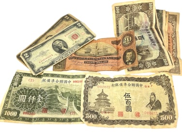 $20 Confederate Note - Two $2 Red Seal Notes - Seven Foreign Bills