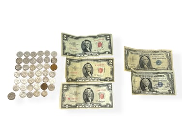 Three $2 Red Seal Notes and Two $1 Blue Seal Notes* - 38 Dime Coins - Buffalo Nickel and Two US