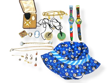 Disney "Applause" Charm Necklace, Medal in Vintage Box, Shell Cameo Pin, Vintage Estee Lauder